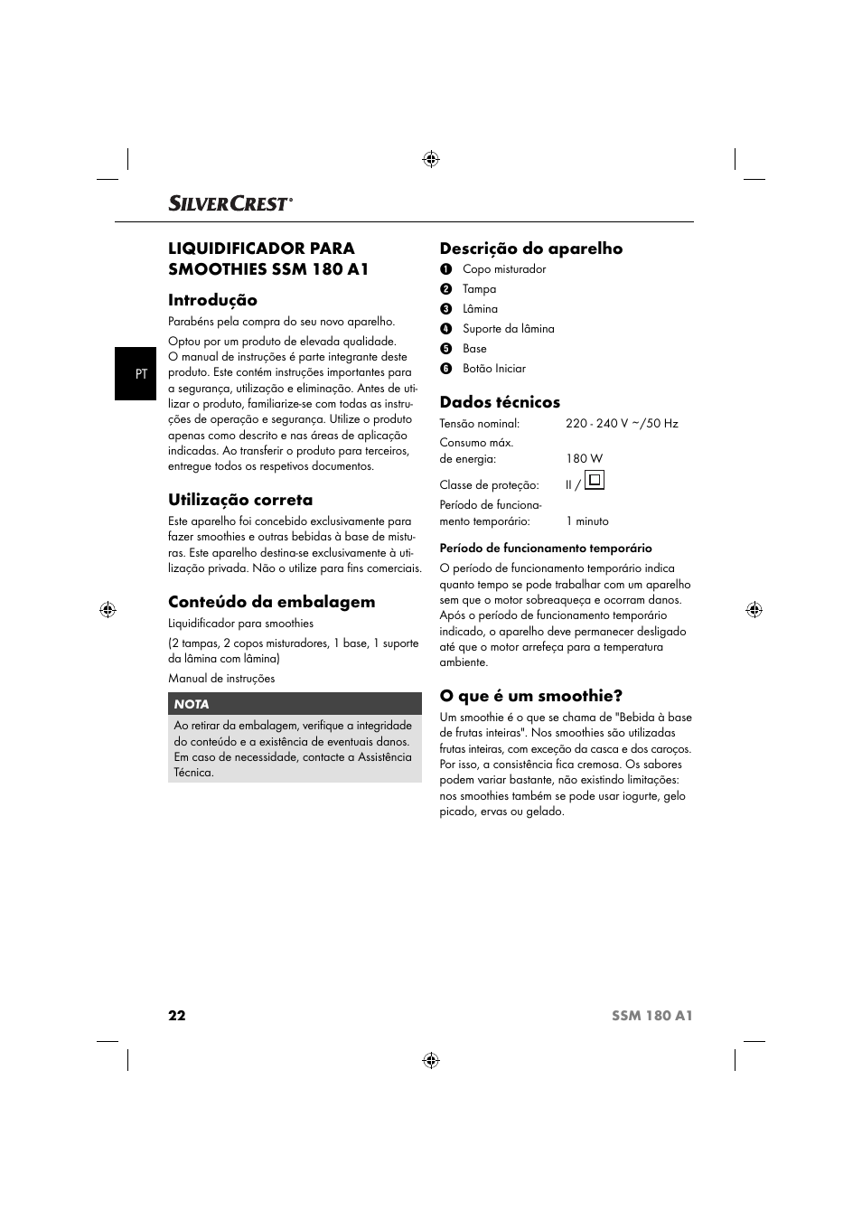 Utilização correta, Conteúdo da embalagem, Descrição do aparelho | Dados técnicos, O que é um smoothie | Silvercrest SSM 180 A1 User Manual | Page 25 / 54