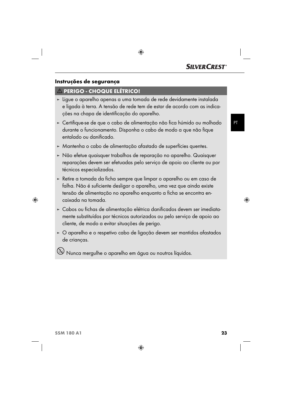 Instruções de segurança perigo - choque elétrico | Silvercrest SSM 180 A1 User Manual | Page 26 / 54