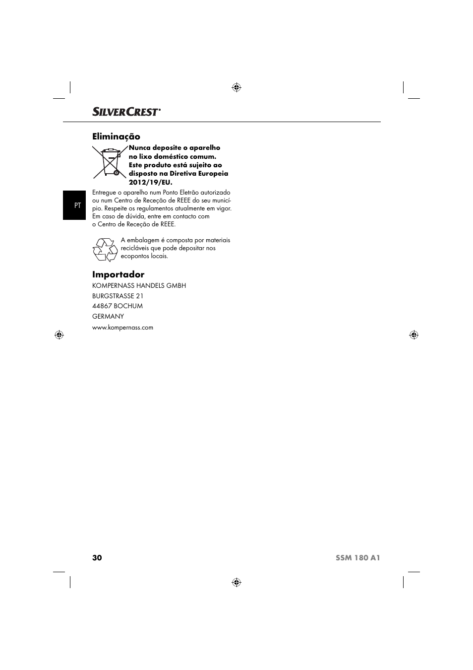 Eliminação, Importador | Silvercrest SSM 180 A1 User Manual | Page 33 / 54