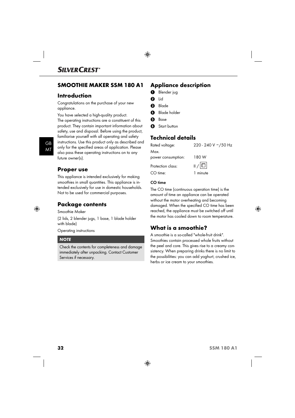 Smoothie maker ssm 180 a1 introduction, Proper use, Package contents | Appliance description, Technical details, What is a smoothie | Silvercrest SSM 180 A1 User Manual | Page 35 / 54