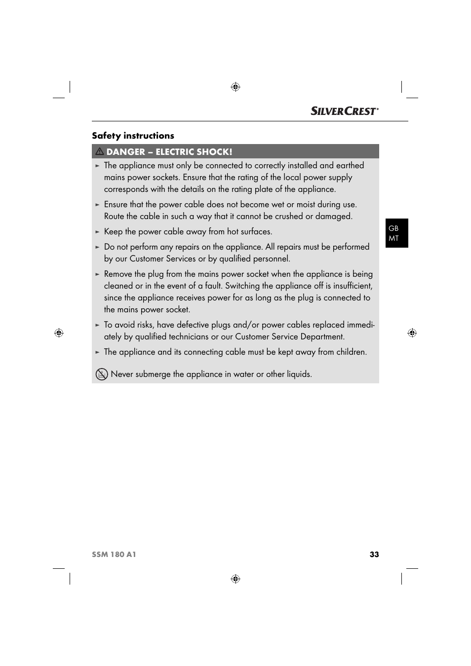 Safety instructions danger – electric shock, Keep the power cable away from hot surfaces | Silvercrest SSM 180 A1 User Manual | Page 36 / 54