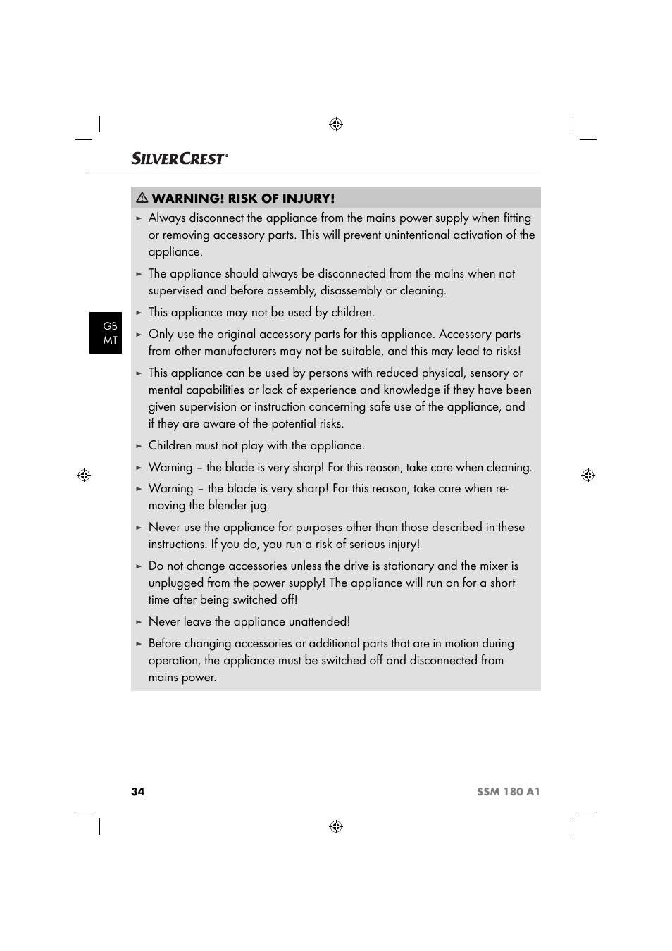 Warning! risk of injury, This appliance may not be used by children, Children must not play with the appliance | Never leave the appliance unattended | Silvercrest SSM 180 A1 User Manual | Page 37 / 54