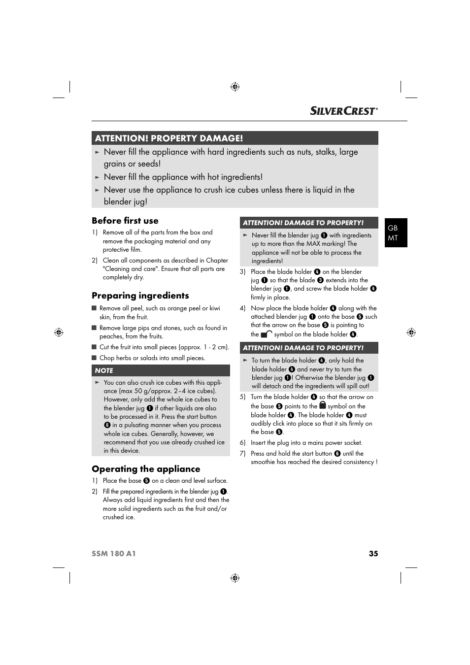 Attention! property damage, Never ﬁ ll the appliance with hot ingredients, Preparing ingredients | Operating the appliance | Silvercrest SSM 180 A1 User Manual | Page 38 / 54