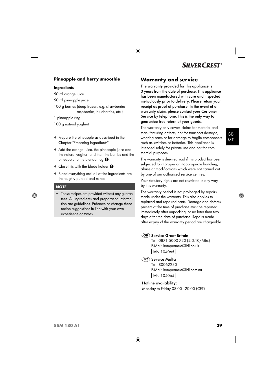 Warranty and service | Silvercrest SSM 180 A1 User Manual | Page 42 / 54