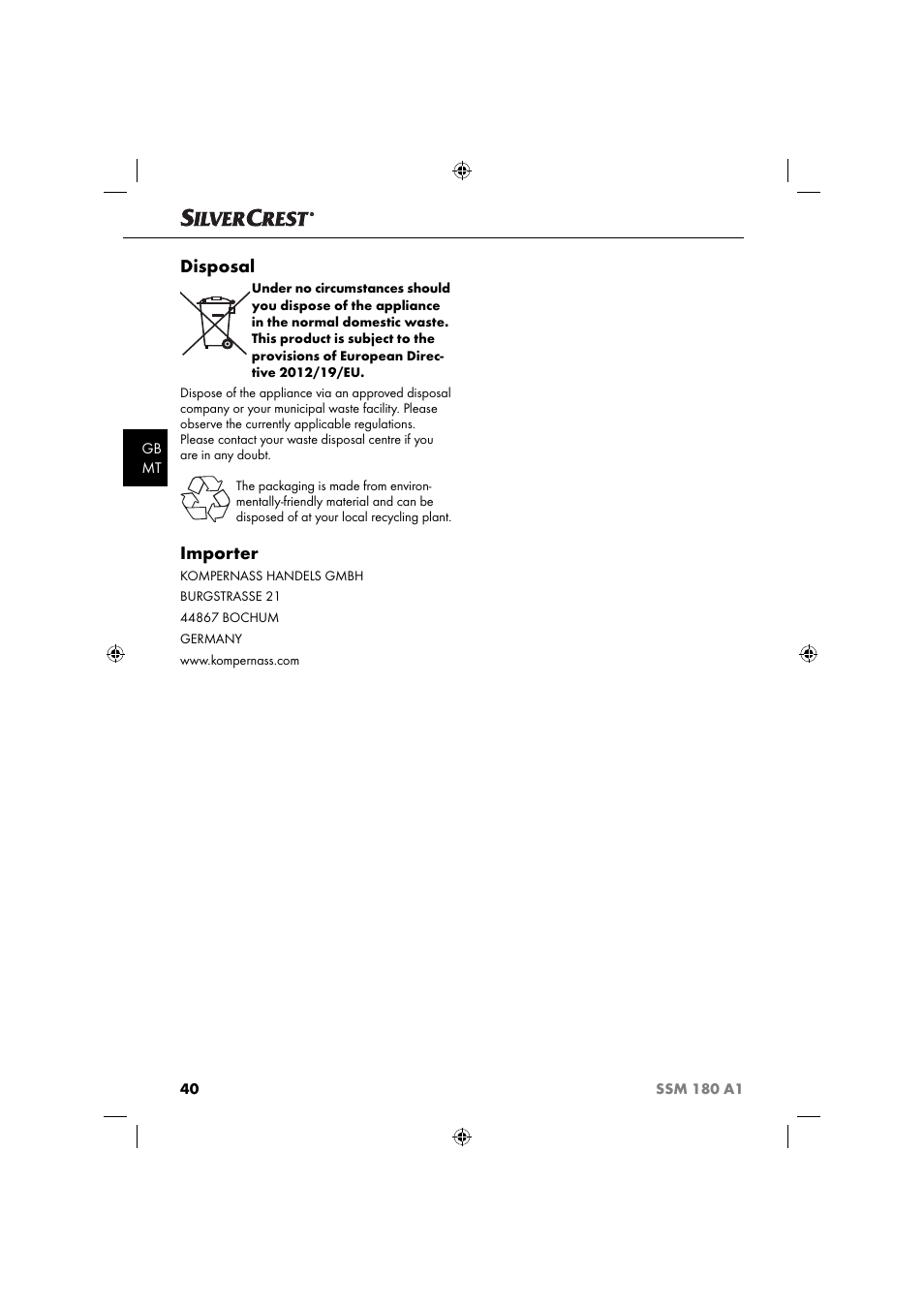 Disposal, Importer | Silvercrest SSM 180 A1 User Manual | Page 43 / 54