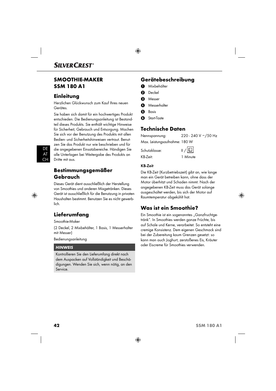 Smoothie-maker ssm 180 a1 einleitung, Bestimmungsgemäßer gebrauch, Lieferumfang | Gerätebeschreibung, Technische daten, Was ist ein smoothie | Silvercrest SSM 180 A1 User Manual | Page 45 / 54