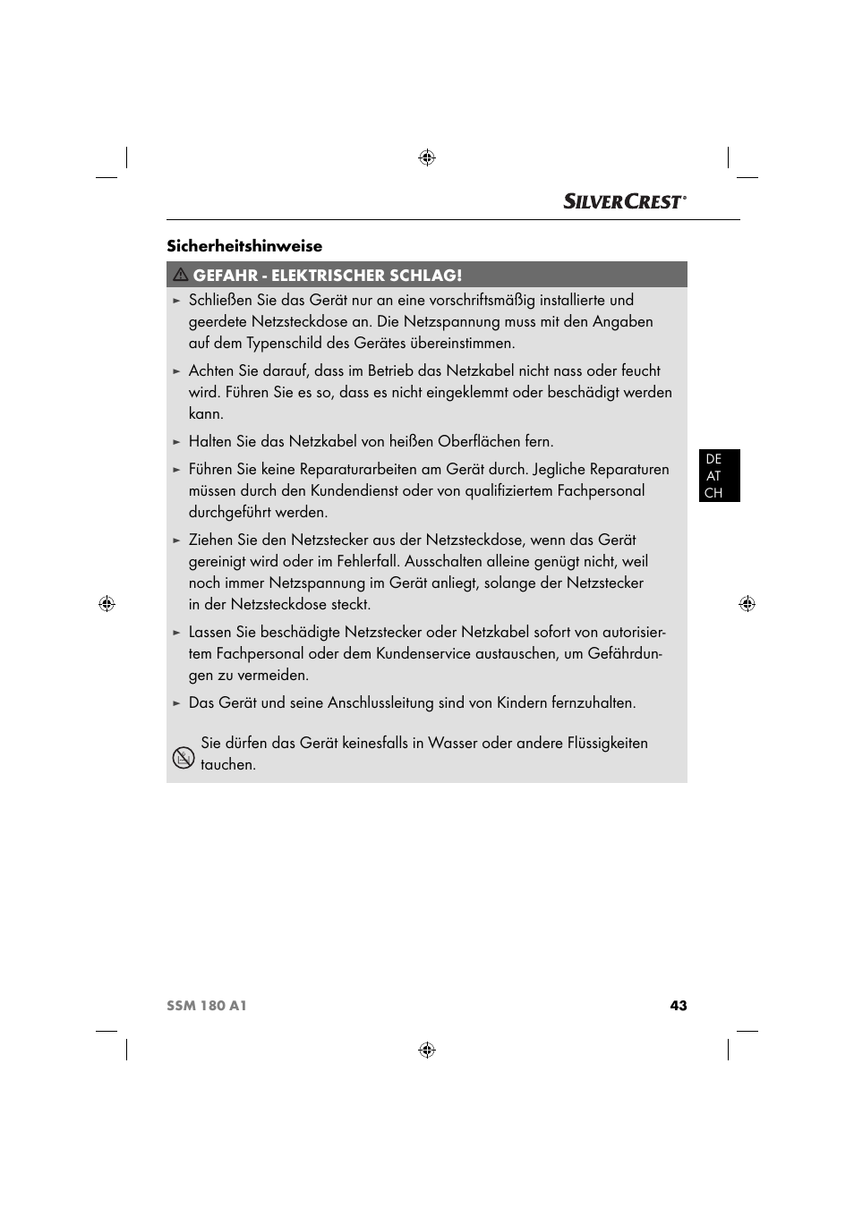 Sicherheitshinweise gefahr - elektrischer schlag | Silvercrest SSM 180 A1 User Manual | Page 46 / 54