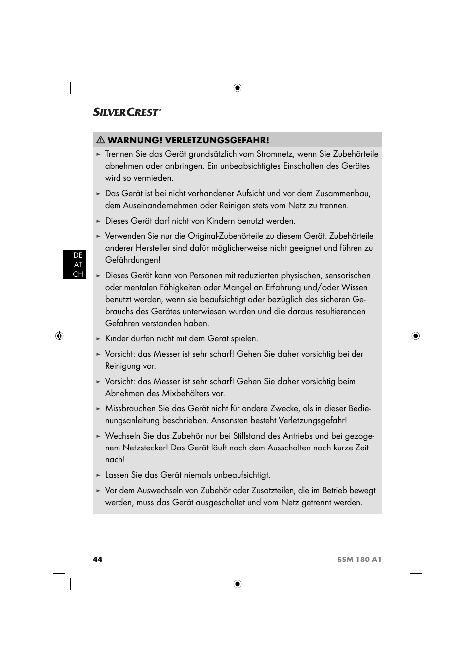 Warnung! verletzungsgefahr, Dieses gerät darf nicht von kindern benutzt werden, Kinder dürfen nicht mit dem gerät spielen | Lassen sie das gerät niemals unbeaufsichtigt | Silvercrest SSM 180 A1 User Manual | Page 47 / 54