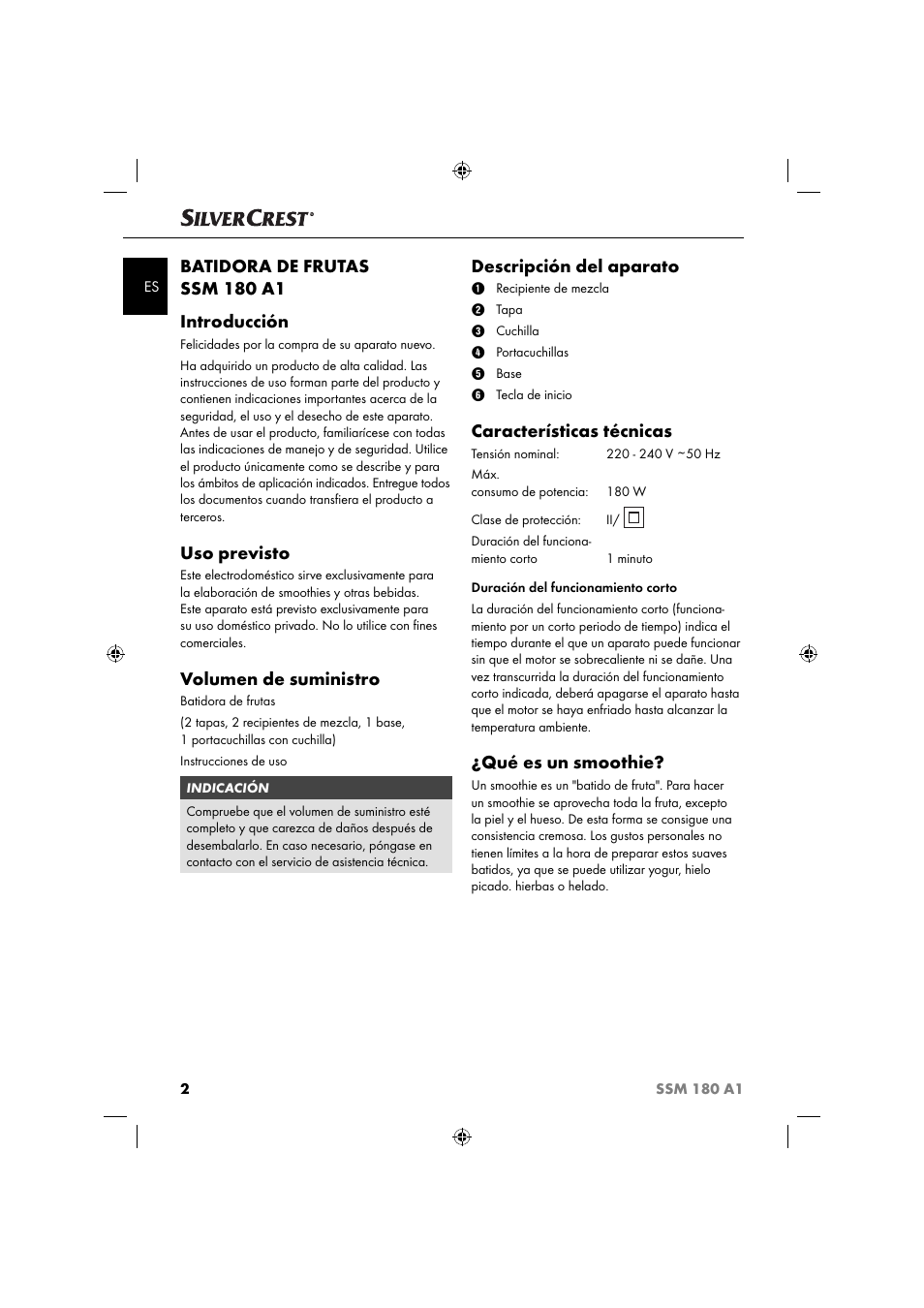 Batidora de frutas ssm 180 a1 introducción, Uso previsto, Volumen de suministro | Descripción del aparato, Características técnicas, Qué es un smoothie | Silvercrest SSM 180 A1 User Manual | Page 5 / 54