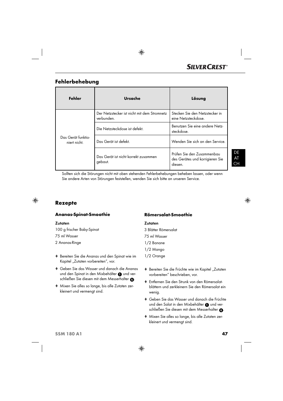 Rezepte, Fehlerbehebung | Silvercrest SSM 180 A1 User Manual | Page 50 / 54