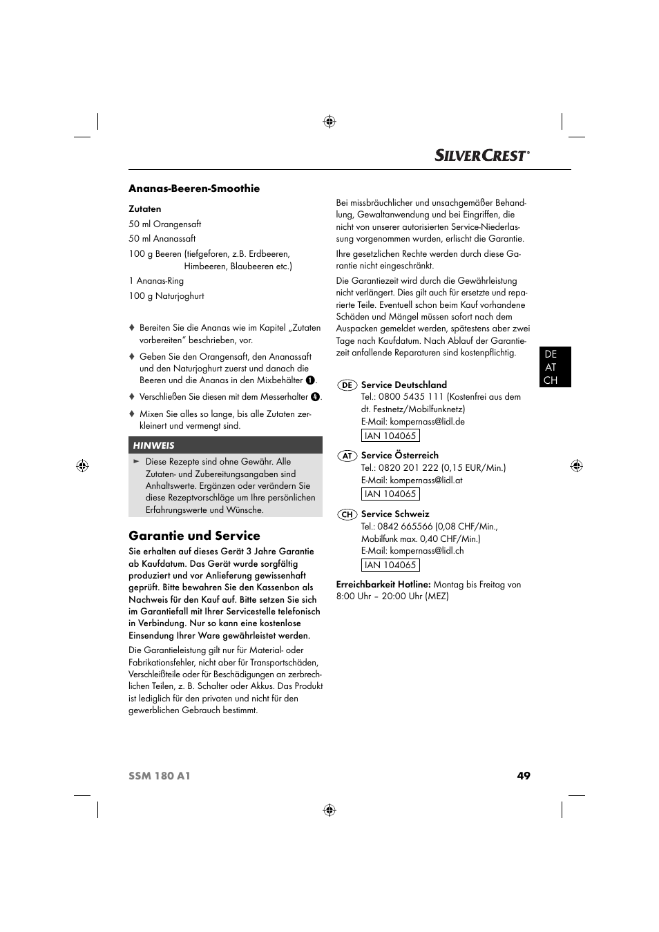 Garantie und service | Silvercrest SSM 180 A1 User Manual | Page 52 / 54