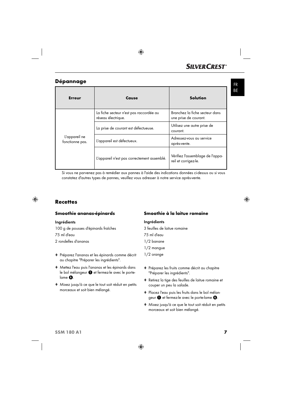 Recettes, Dépannage | Silvercrest SSM 180 A1 User Manual | Page 10 / 34