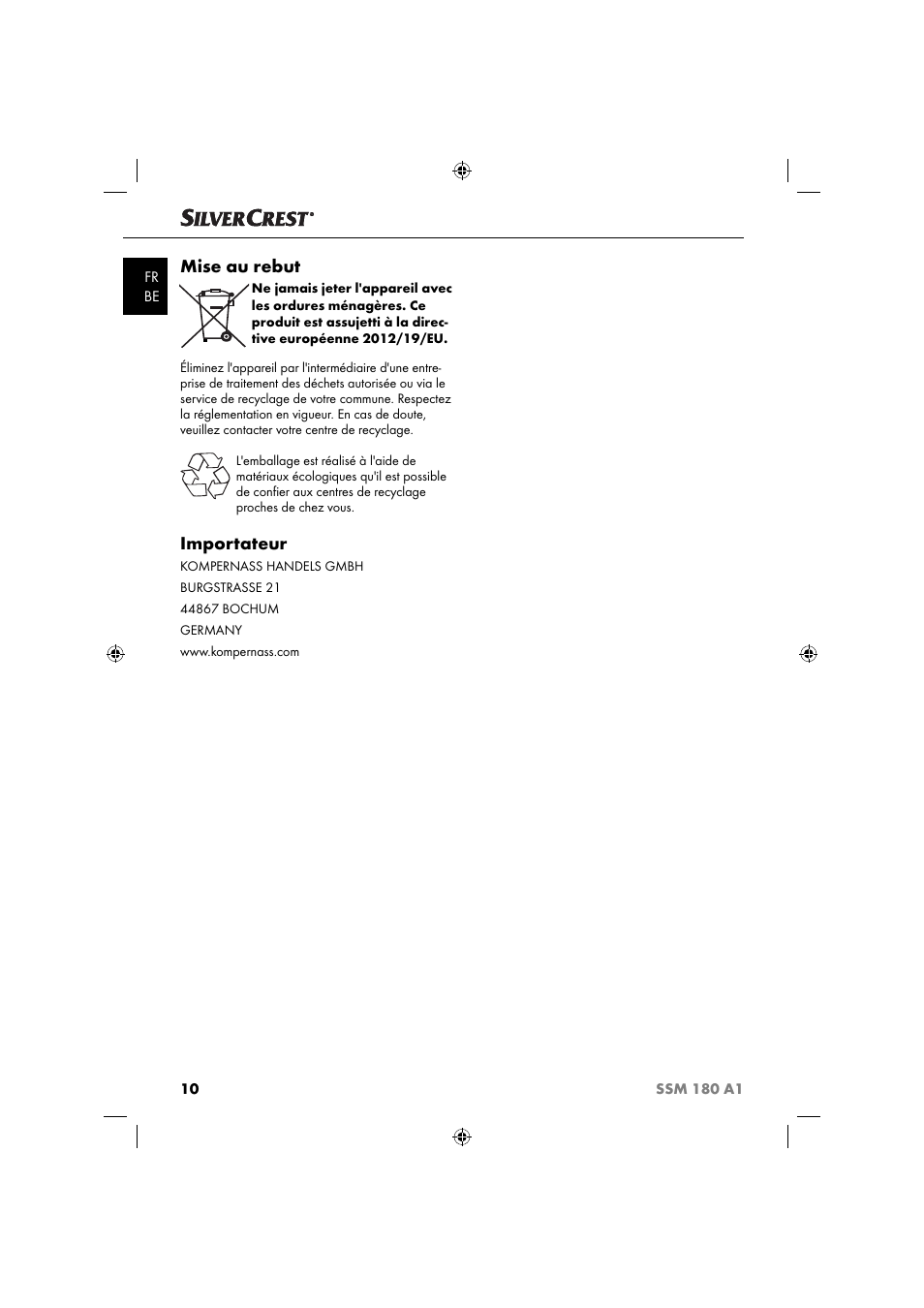 Mise au rebut, Importateur | Silvercrest SSM 180 A1 User Manual | Page 13 / 34