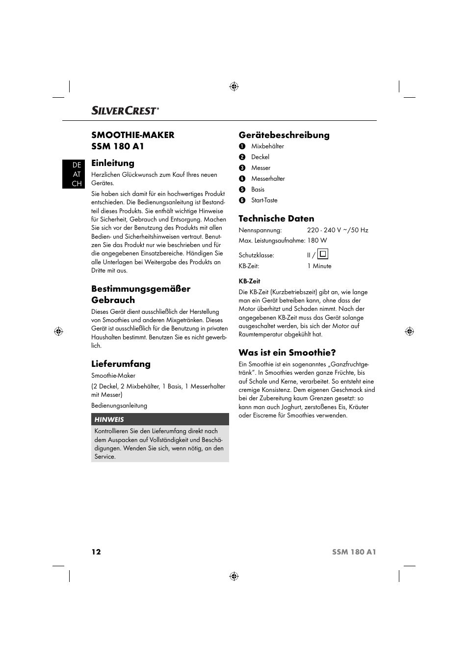 Smoothie-maker ssm 180 a1 einleitung, Bestimmungsgemäßer gebrauch, Lieferumfang | Gerätebeschreibung, Technische daten, Was ist ein smoothie | Silvercrest SSM 180 A1 User Manual | Page 15 / 34