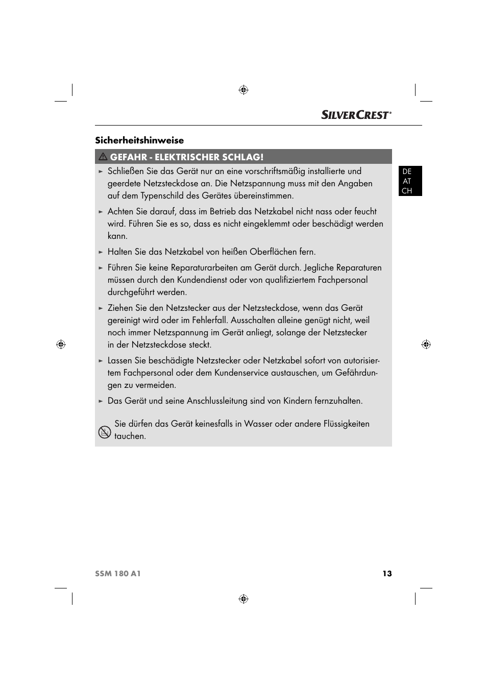 Sicherheitshinweise gefahr - elektrischer schlag | Silvercrest SSM 180 A1 User Manual | Page 16 / 34