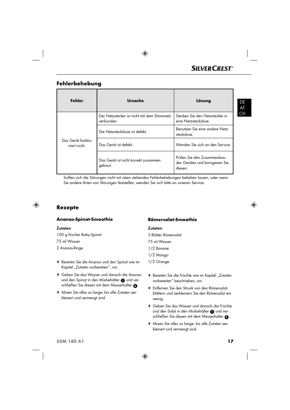 Rezepte, Fehlerbehebung | Silvercrest SSM 180 A1 User Manual | Page 20 / 34