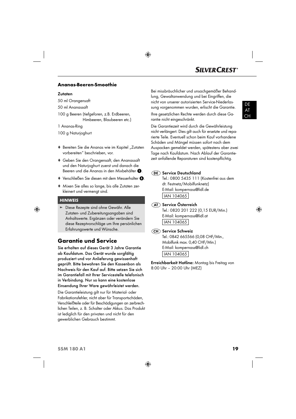 Garantie und service | Silvercrest SSM 180 A1 User Manual | Page 22 / 34