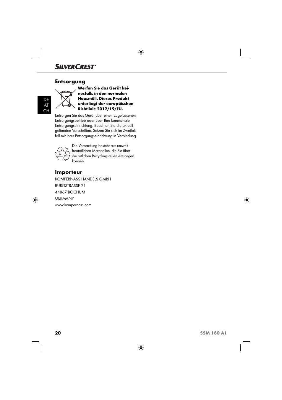 Entsorgung, Importeur | Silvercrest SSM 180 A1 User Manual | Page 23 / 34