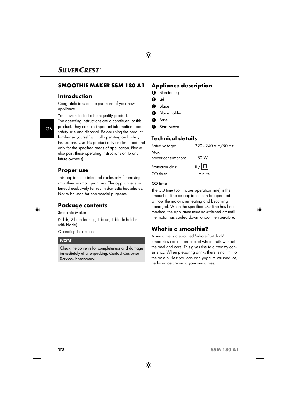 Smoothie maker ssm 180 a1 introduction, Proper use, Package contents | Appliance description, Technical details, What is a smoothie | Silvercrest SSM 180 A1 User Manual | Page 25 / 34