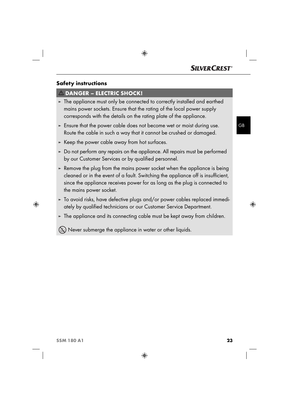 Safety instructions danger – electric shock, Keep the power cable away from hot surfaces | Silvercrest SSM 180 A1 User Manual | Page 26 / 34