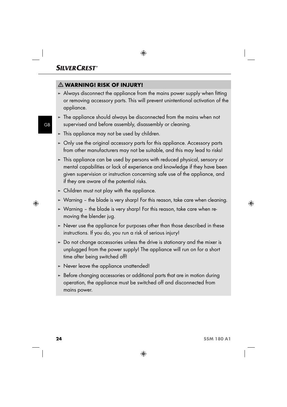 Warning! risk of injury, This appliance may not be used by children, Children must not play with the appliance | Never leave the appliance unattended | Silvercrest SSM 180 A1 User Manual | Page 27 / 34