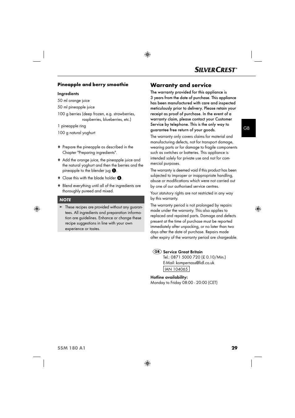 Warranty and service | Silvercrest SSM 180 A1 User Manual | Page 32 / 34