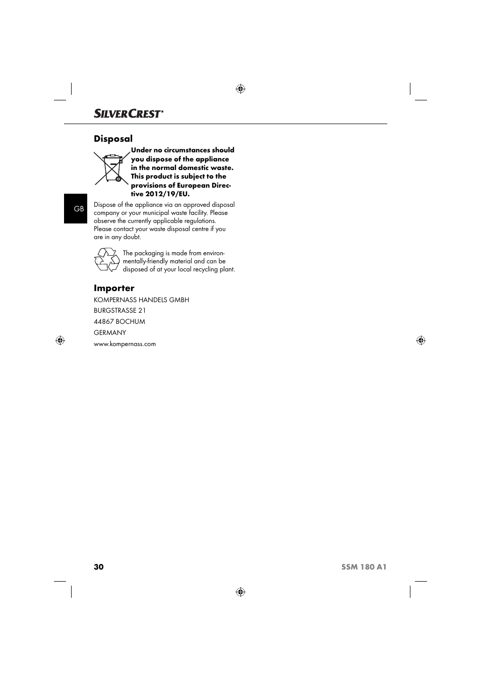 Disposal, Importer | Silvercrest SSM 180 A1 User Manual | Page 33 / 34