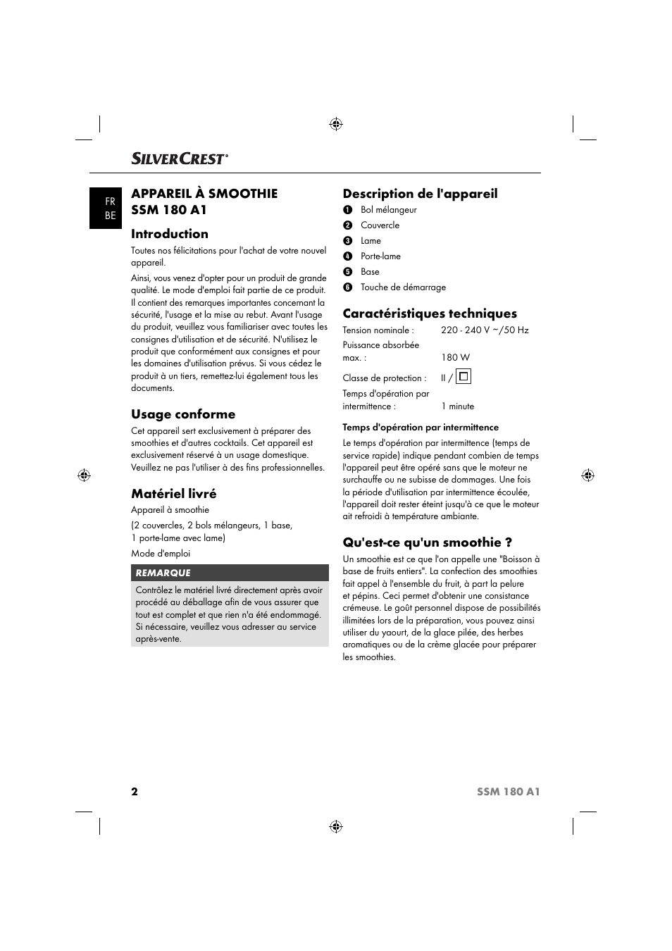 Appareil à smoothie ssm 180 a1 introduction, Usage conforme, Matériel livré | Description de l'appareil, Caractéristiques techniques, Qu'est-ce qu'un smoothie | Silvercrest SSM 180 A1 User Manual | Page 5 / 34