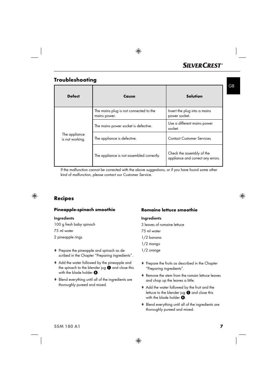 Recipes, Troubleshooting | Silvercrest SSM 180 A1 User Manual | Page 10 / 64