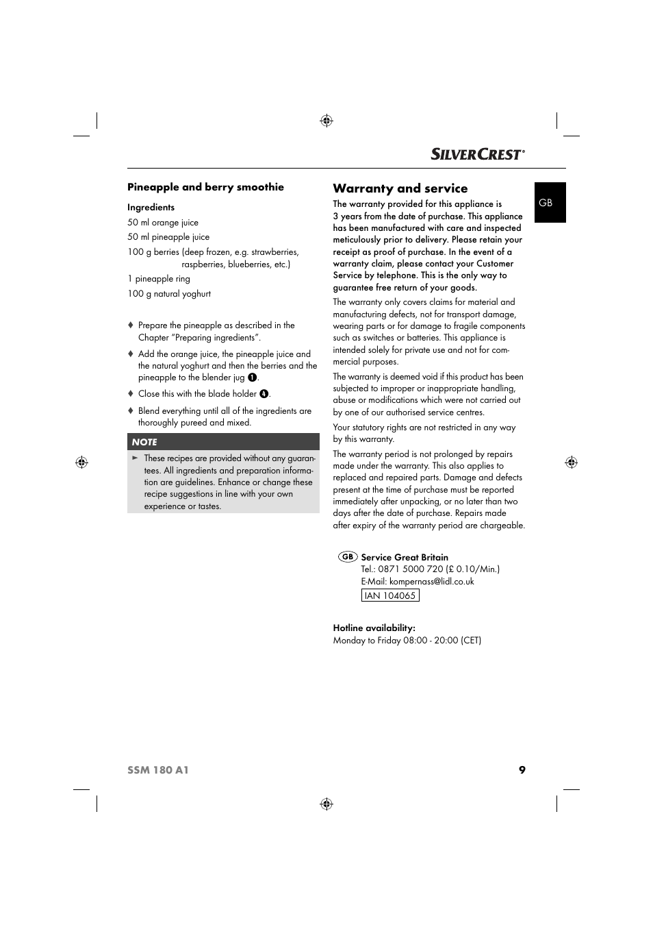 Warranty and service | Silvercrest SSM 180 A1 User Manual | Page 12 / 64