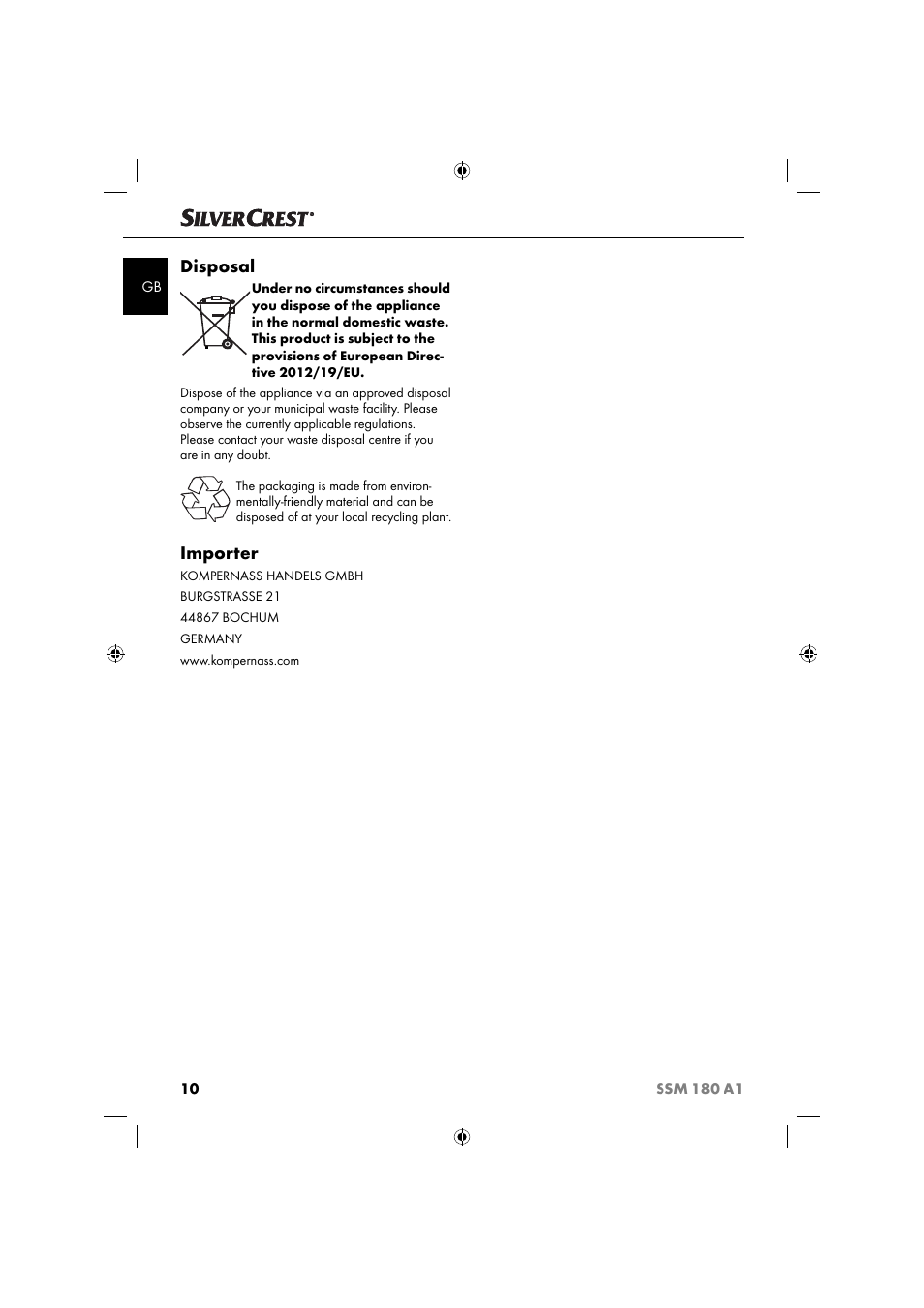 Disposal, Importer | Silvercrest SSM 180 A1 User Manual | Page 13 / 64