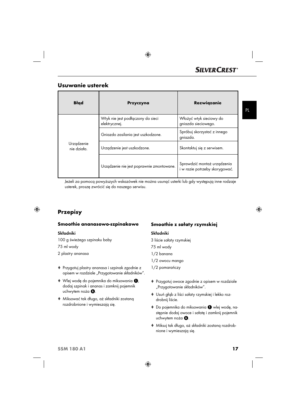 Przepisy, Usuwanie usterek | Silvercrest SSM 180 A1 User Manual | Page 20 / 64