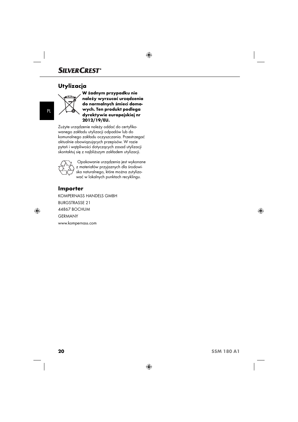 Utylizacja, Importer | Silvercrest SSM 180 A1 User Manual | Page 23 / 64