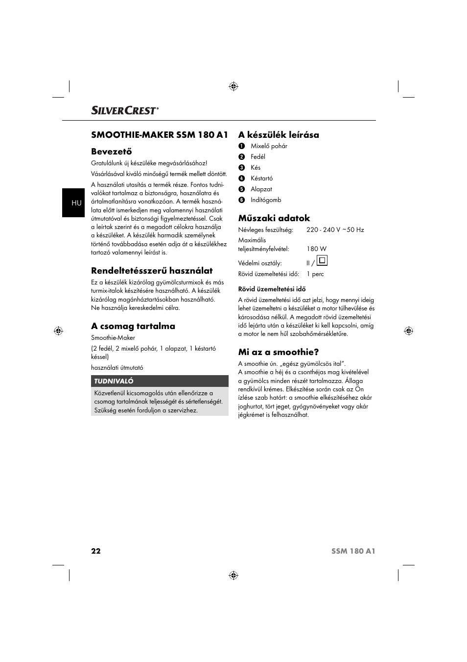 Smoothie-maker ssm 180 a1 bevezető, Rendeltetésszerű használat, A csomag tartalma | A készülék leírása, Műszaki adatok, Mi az a smoothie | Silvercrest SSM 180 A1 User Manual | Page 25 / 64