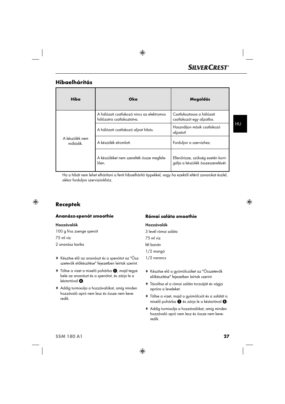 Receptek, Hibaelhárítás | Silvercrest SSM 180 A1 User Manual | Page 30 / 64