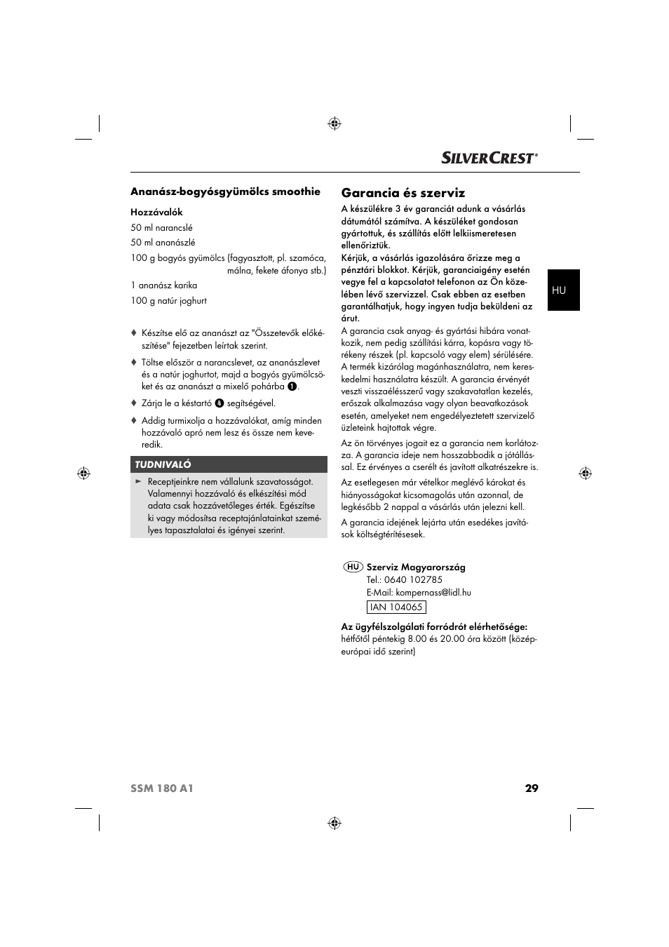 Garancia és szerviz | Silvercrest SSM 180 A1 User Manual | Page 32 / 64