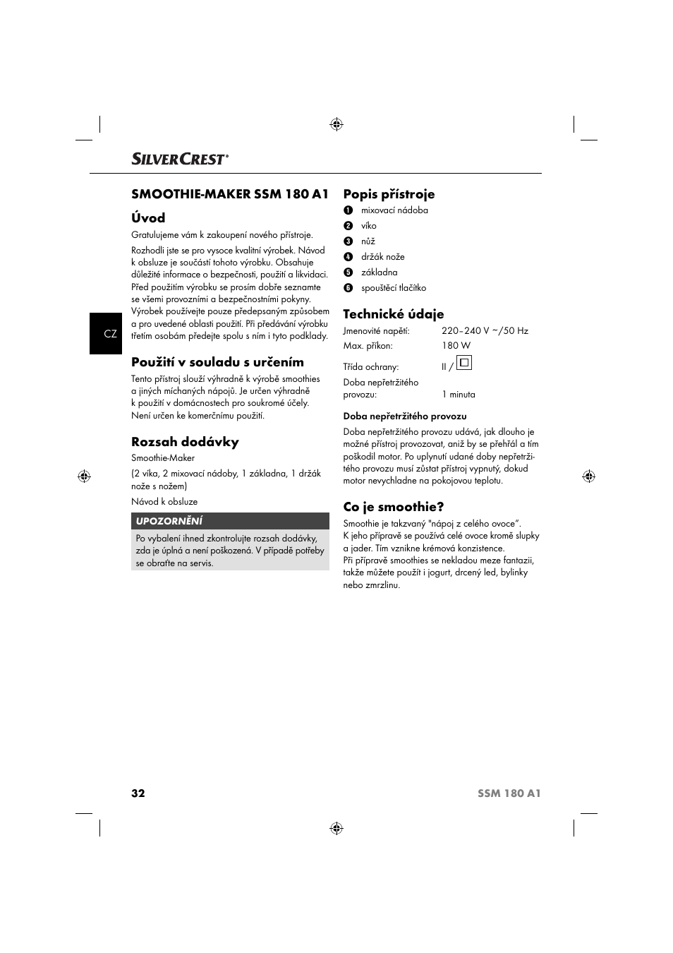 Smoothie-maker ssm 180 a1 úvod, Použití v souladu s určením, Rozsah dodávky | Popis přístroje, Technické údaje, Co je smoothie | Silvercrest SSM 180 A1 User Manual | Page 35 / 64