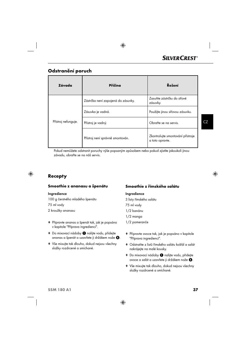 Recepty, Odstranění poruch | Silvercrest SSM 180 A1 User Manual | Page 40 / 64