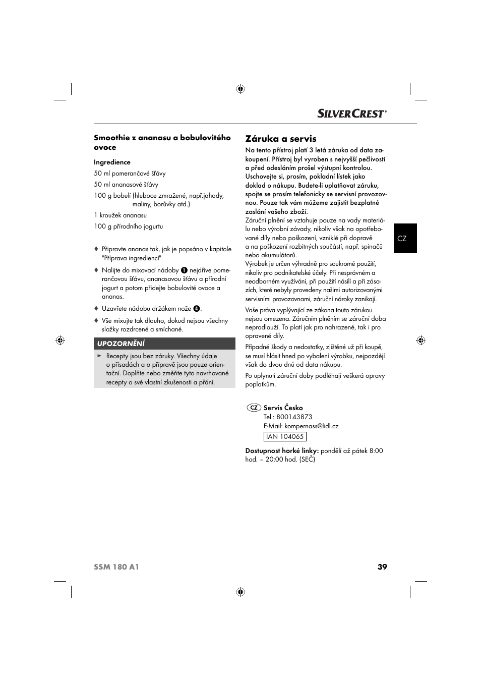 Záruka a servis | Silvercrest SSM 180 A1 User Manual | Page 42 / 64