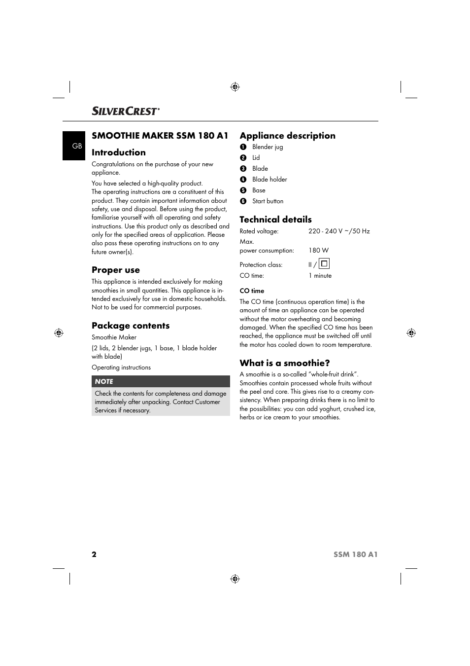 Smoothie maker ssm 180 a1 introduction, Proper use, Package contents | Appliance description, Technical details, What is a smoothie | Silvercrest SSM 180 A1 User Manual | Page 5 / 64