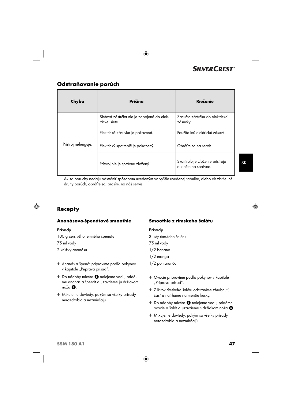 Recepty, Odstraňovanie porúch | Silvercrest SSM 180 A1 User Manual | Page 50 / 64