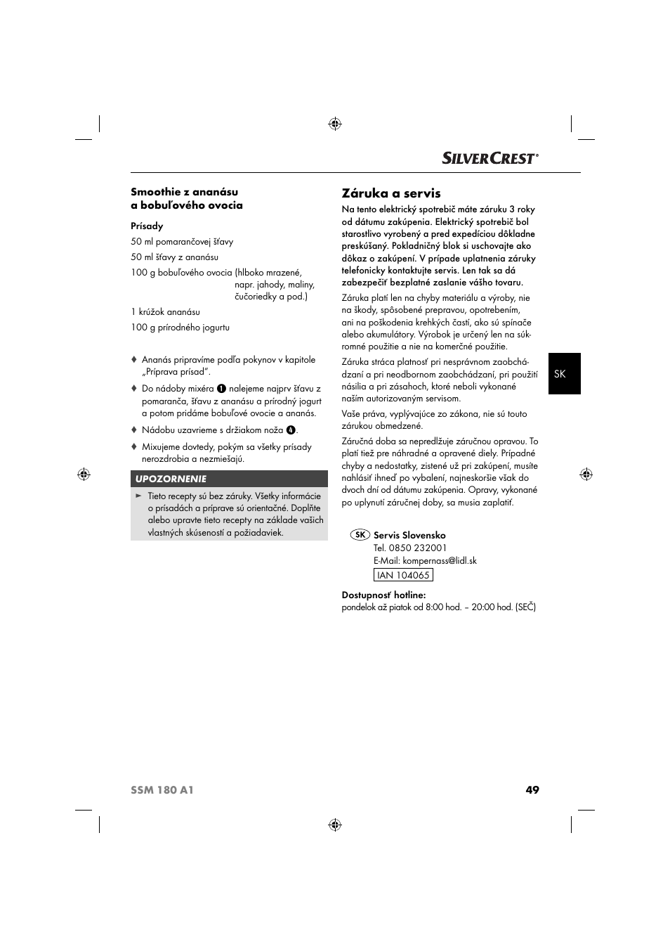 Záruka a servis | Silvercrest SSM 180 A1 User Manual | Page 52 / 64