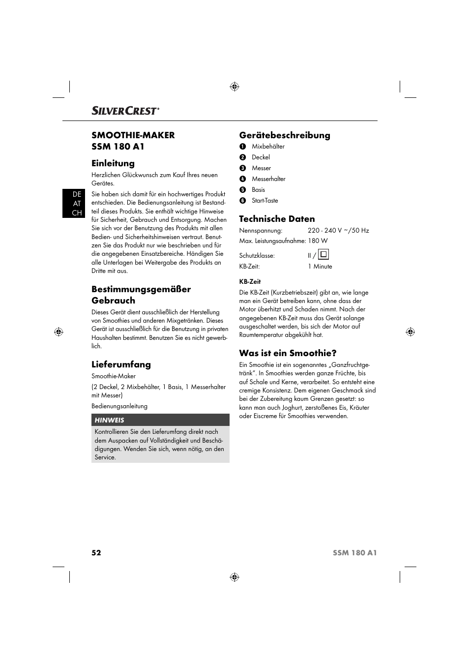 Smoothie-maker ssm 180 a1 einleitung, Bestimmungsgemäßer gebrauch, Lieferumfang | Gerätebeschreibung, Technische daten, Was ist ein smoothie | Silvercrest SSM 180 A1 User Manual | Page 55 / 64