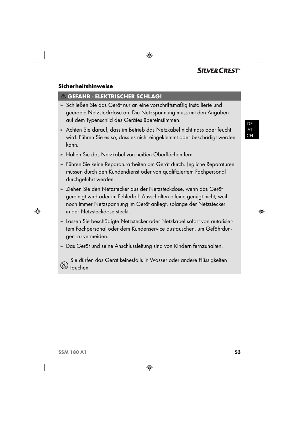 Sicherheitshinweise gefahr - elektrischer schlag | Silvercrest SSM 180 A1 User Manual | Page 56 / 64