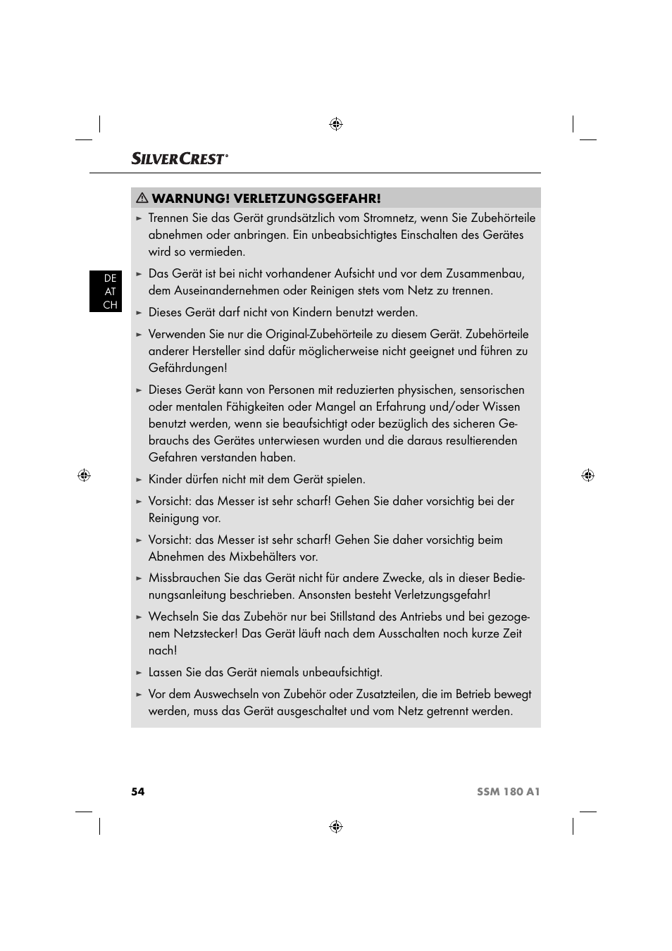 Warnung! verletzungsgefahr, Dieses gerät darf nicht von kindern benutzt werden, Kinder dürfen nicht mit dem gerät spielen | Lassen sie das gerät niemals unbeaufsichtigt | Silvercrest SSM 180 A1 User Manual | Page 57 / 64