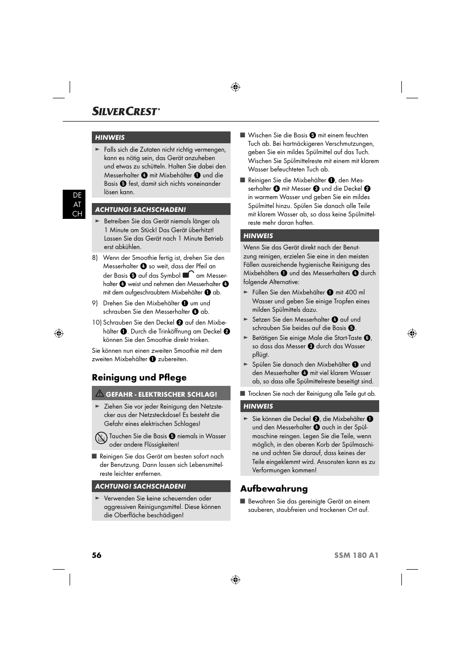 Reinigung und pﬂ ege, Aufbewahrung | Silvercrest SSM 180 A1 User Manual | Page 59 / 64