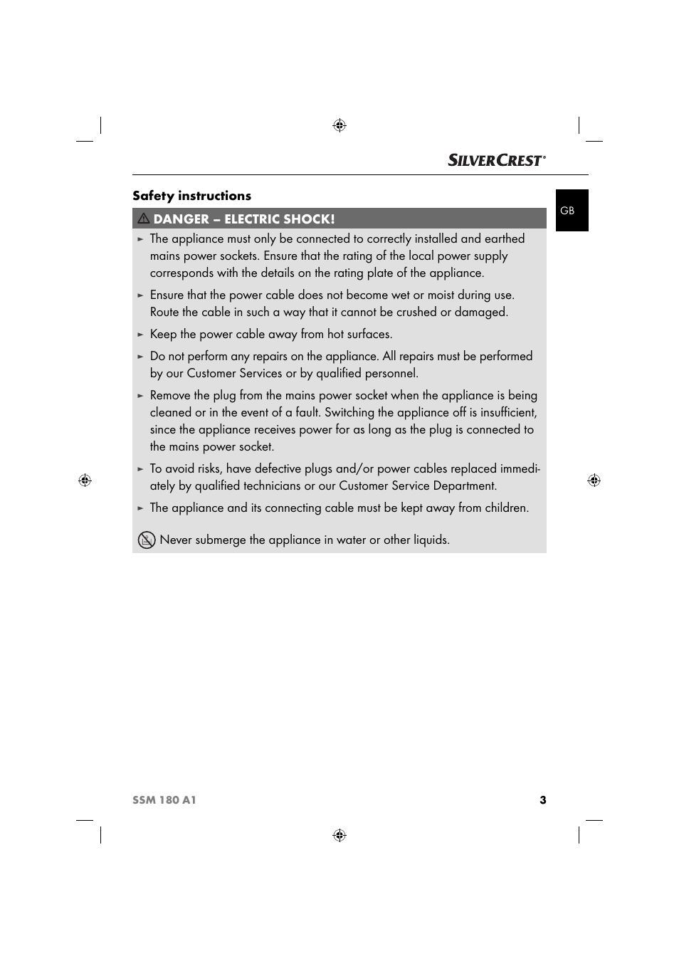 Safety instructions danger – electric shock, Keep the power cable away from hot surfaces | Silvercrest SSM 180 A1 User Manual | Page 6 / 64