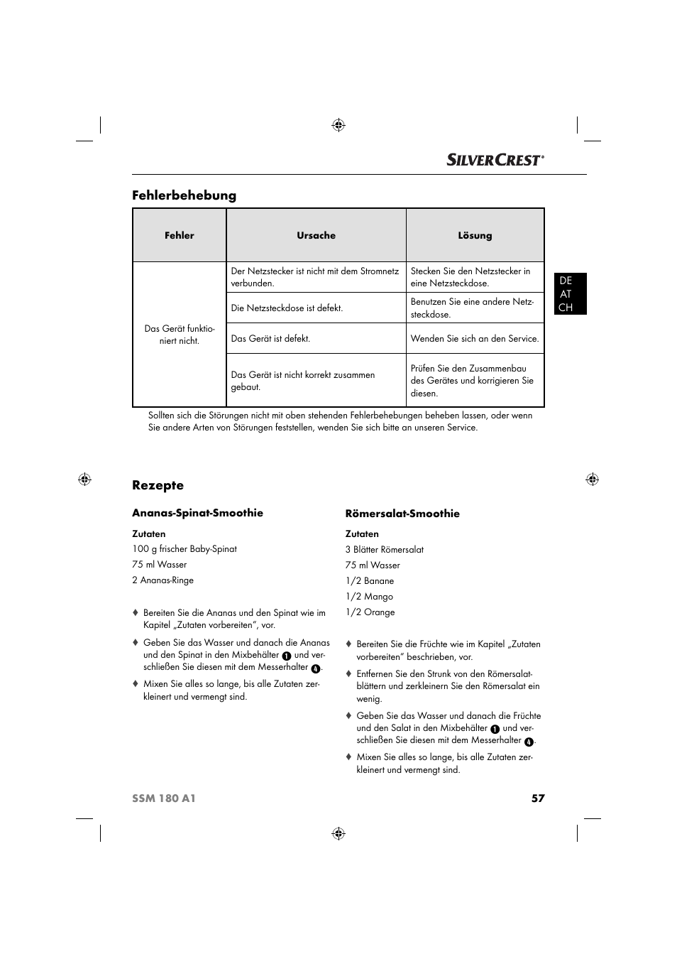 Rezepte, Fehlerbehebung | Silvercrest SSM 180 A1 User Manual | Page 60 / 64