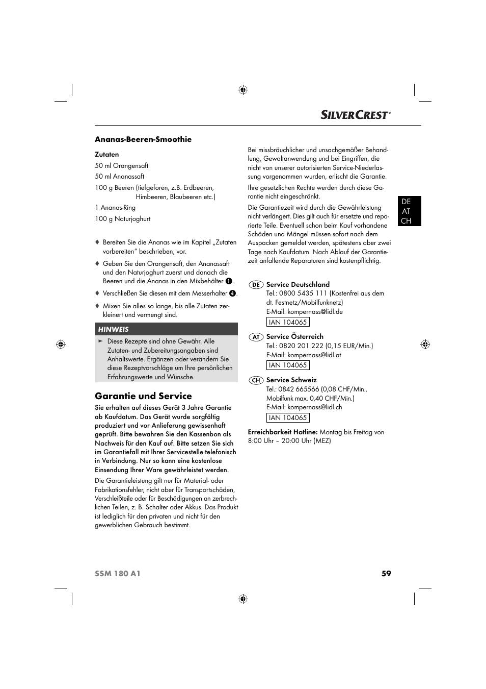 Garantie und service | Silvercrest SSM 180 A1 User Manual | Page 62 / 64