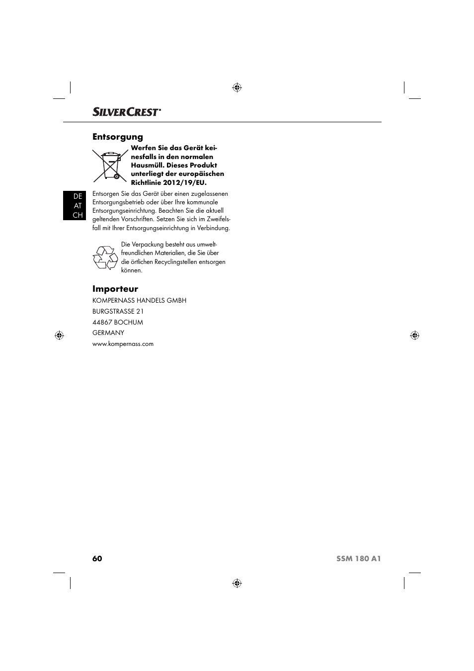 Entsorgung, Importeur | Silvercrest SSM 180 A1 User Manual | Page 63 / 64